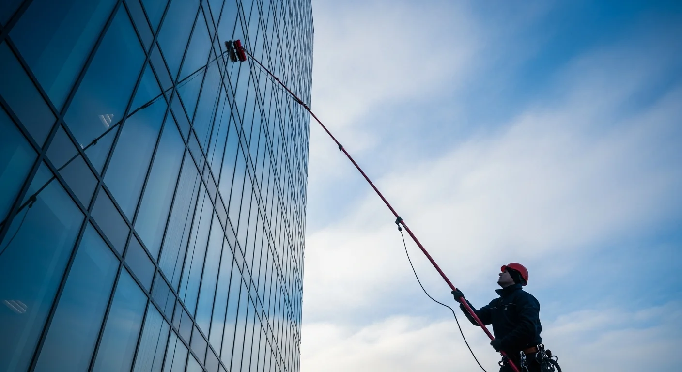 Fensterreinigung an einer modernen Glasfassade mit Osmose-Teleskopstange